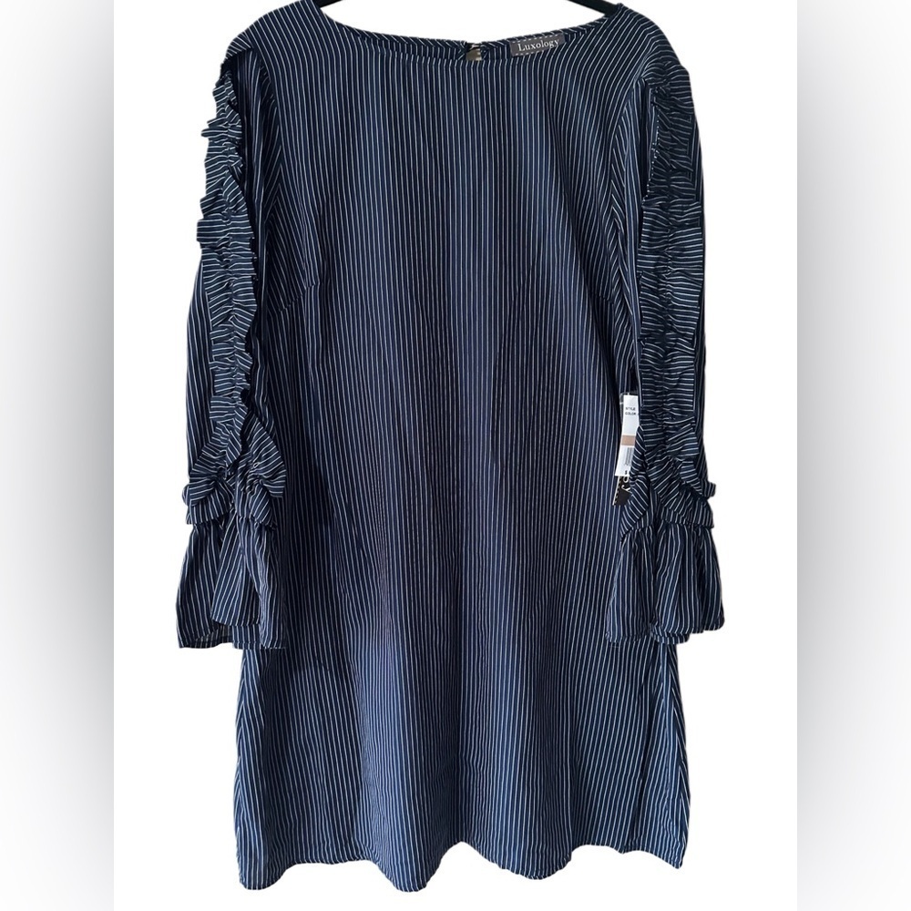Luxology Size 12 Pinstripe Ruffle Sleeve Shift Dress Navy